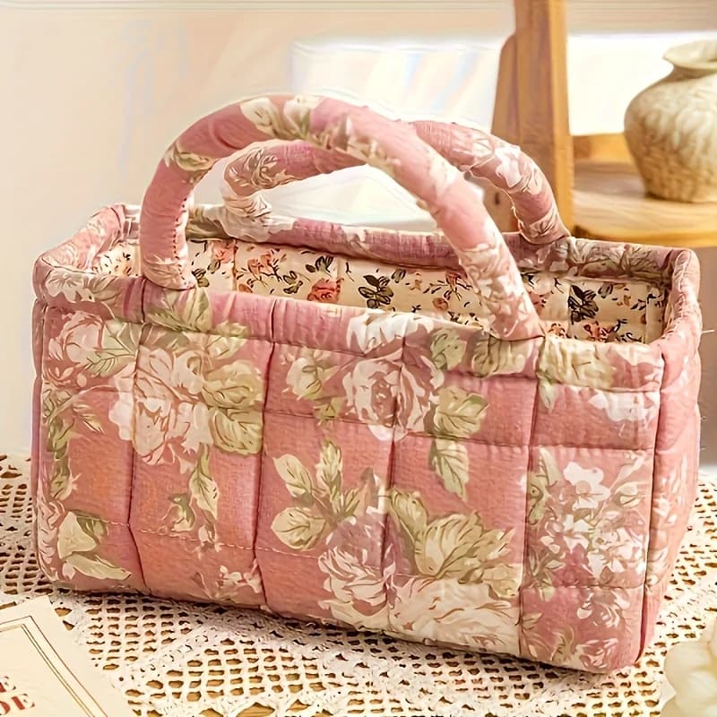 [Elementi essenziali per il cestino dei snack] Cestino trapuntato floreale vintage | Contenitore Pieghevole con Manici, Organizer per Lavanderia, Bagno e Camera da Letto