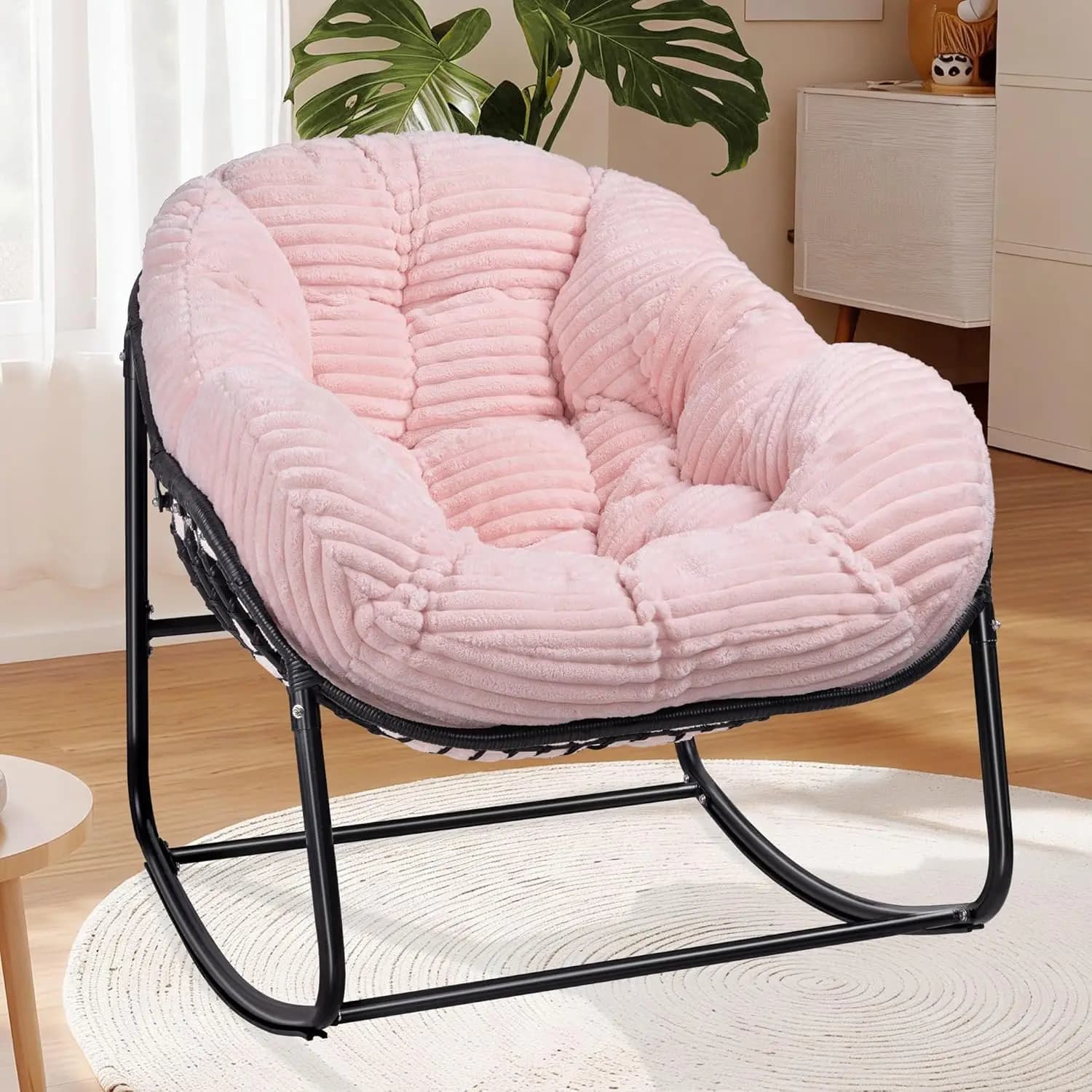 Oversized egg-shaped rocking armchair, with thick ribbed velvet cushion, padded straps, in wicker, comfortable for living room, bedroom, porch, patio, pink, customizable