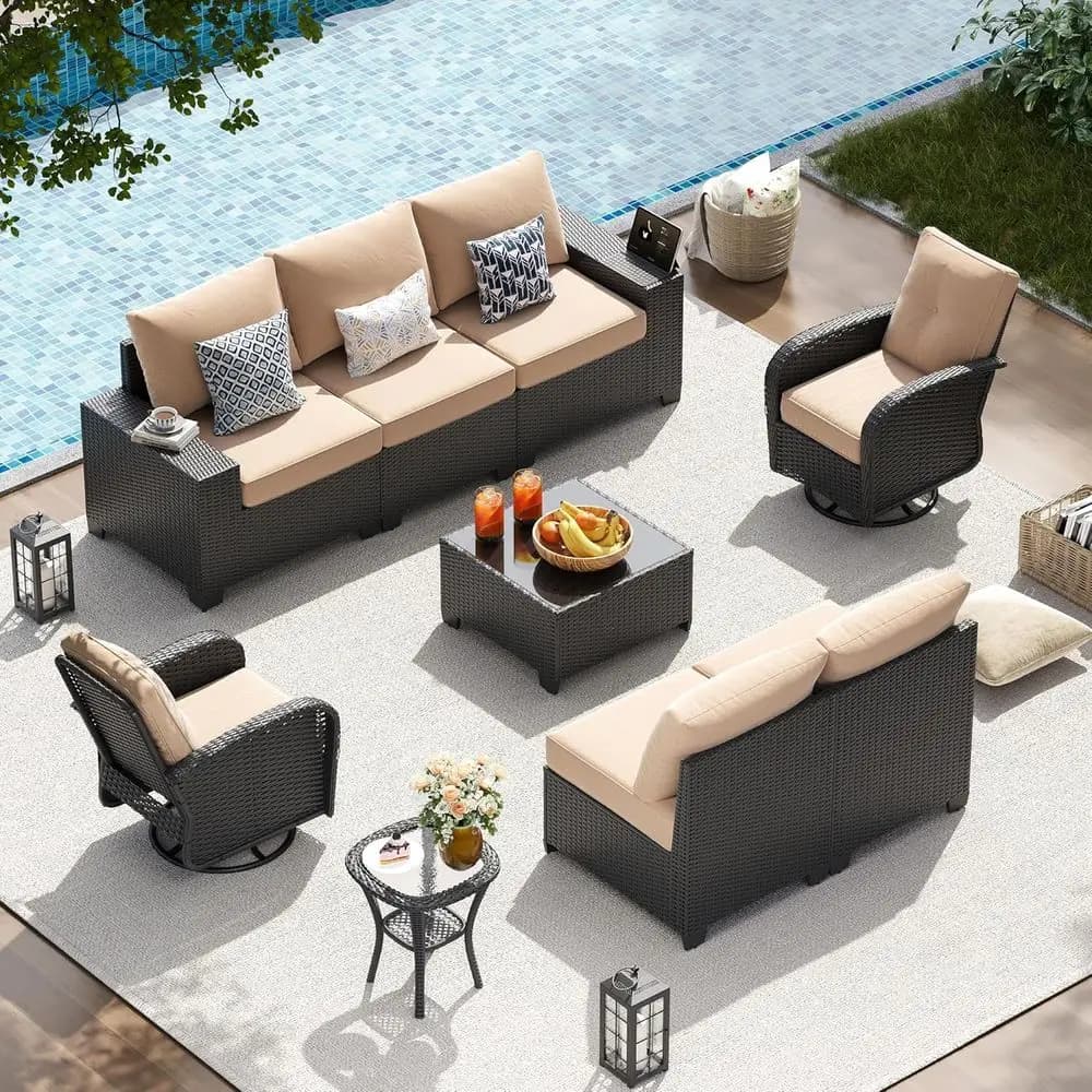All-Weather Outdoor Patio Sectional Set with Swivel Rocker Chairs and Thick Cushions (Cream/Black)