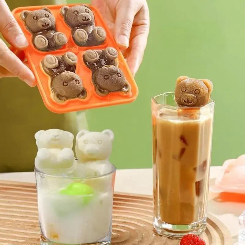 Stampo per ghiaccio in silicone alimentare 3D a 4 scomparti a forma di orso, per cubetti e ghiaccioli fai da te, utensili da cucina per whisky
