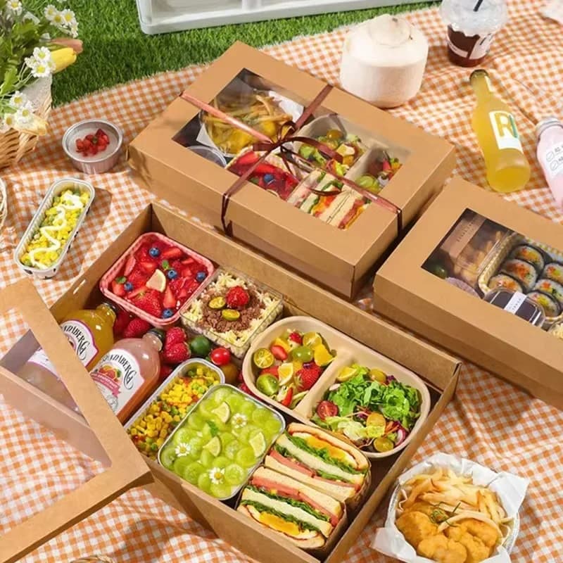 Scatola da pranzo quadrata usa e getta in carta Kraft Scatola da imballaggio per fast food con coperchio Picnic all'aperto Bento Box Utensili da cucina usa e getta