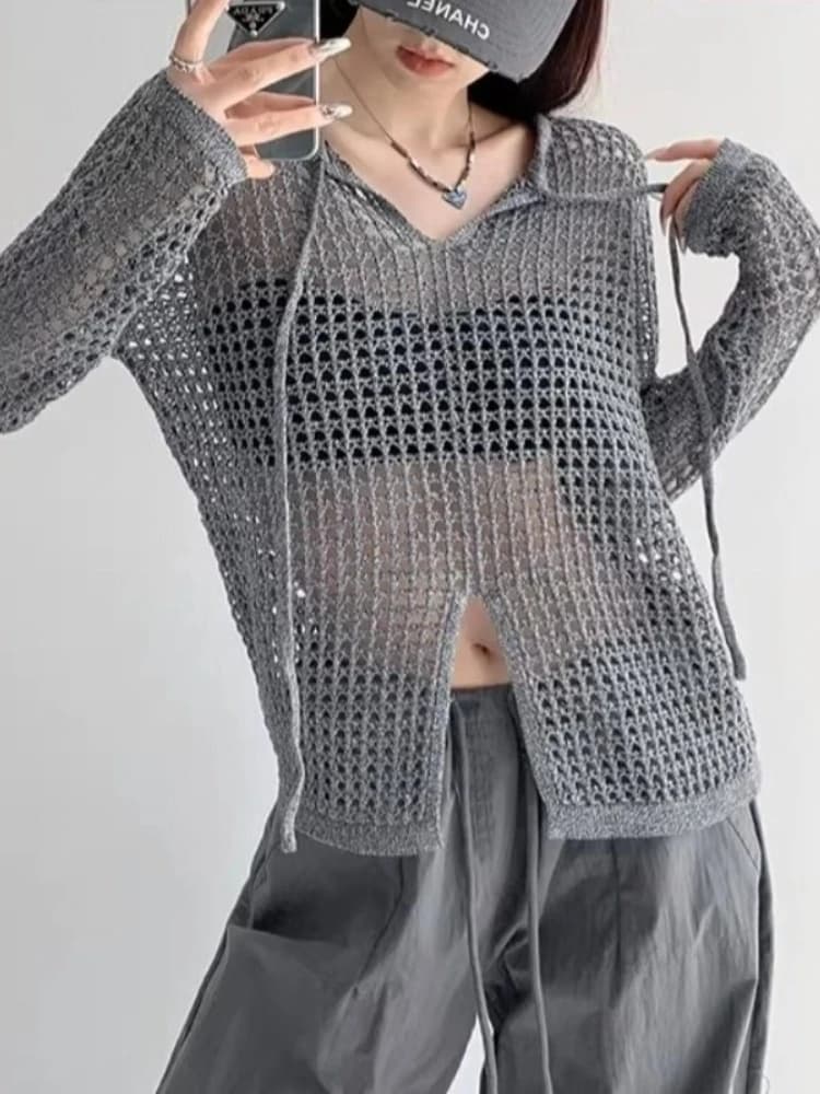 Zjaiss Maglietta Estiva 2026 Stile Coreano da Donna, Larga, Traforata, a Maglia, a Maniche Lunghe, con Spacco, Protezione Solare, Trendy