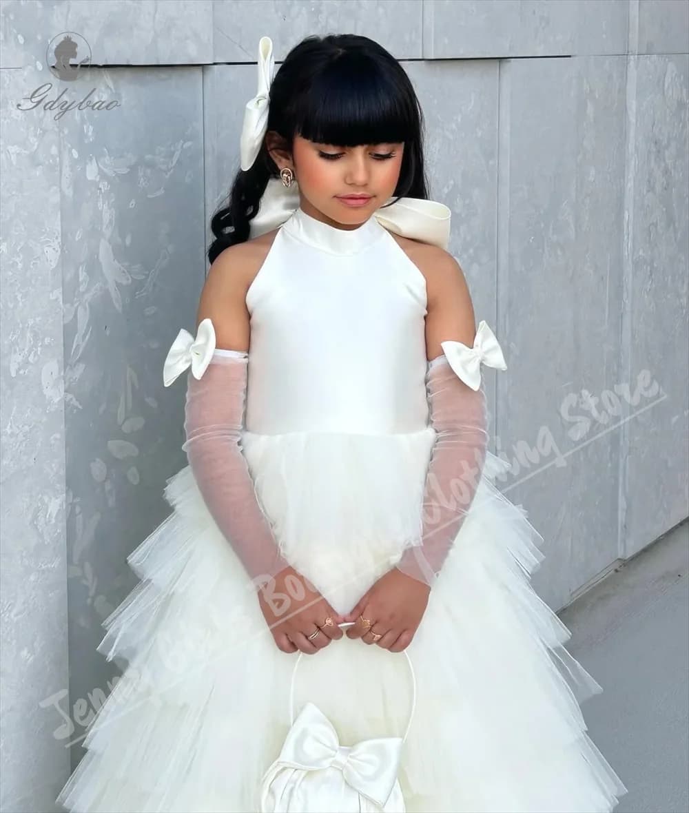Abito da ragazza di fiori con eleganza da sposa con scollo all'americana bianco, abito da prima comunione per bambini a strati, con fiocco, personalizzato
