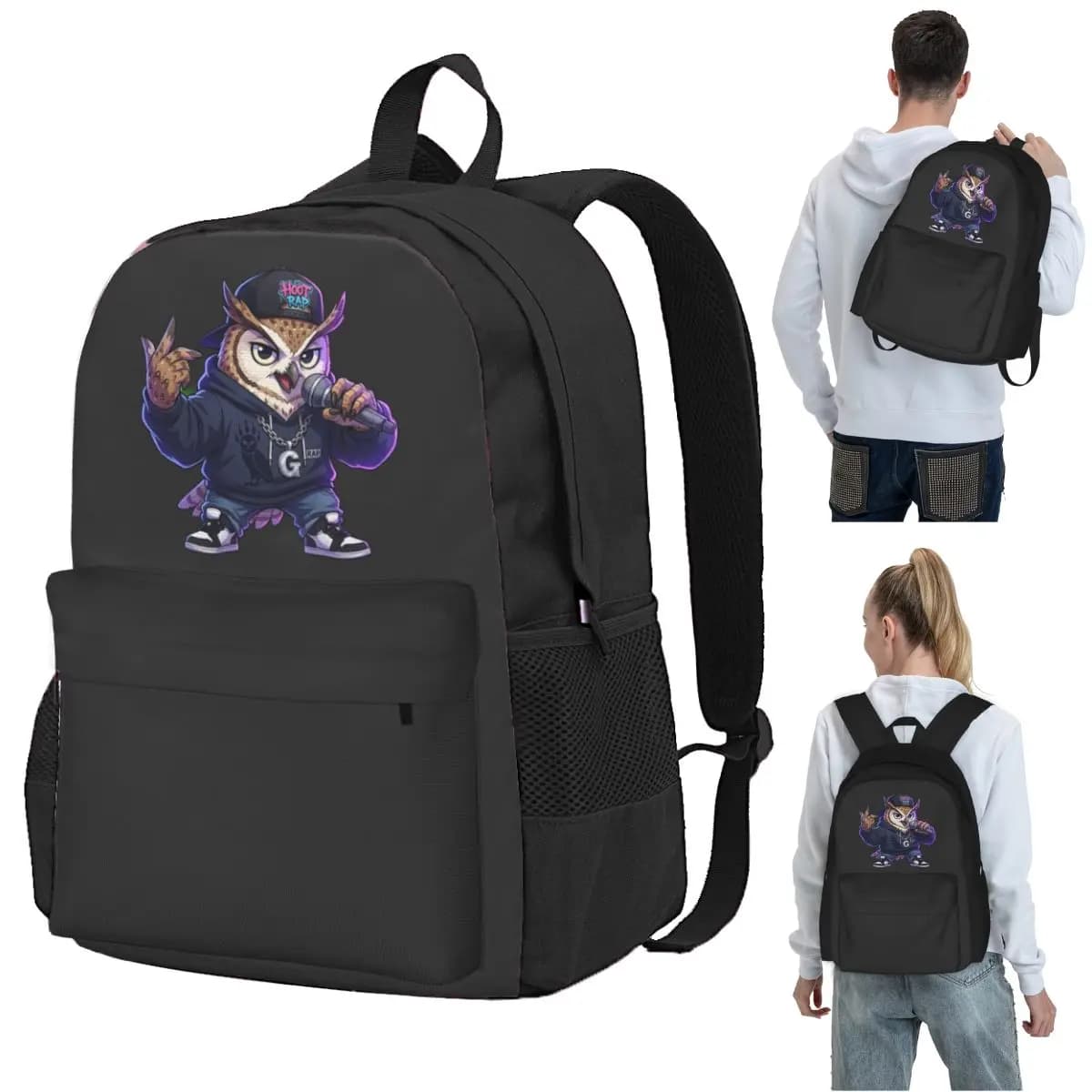 Cool Owl Rapper - Zaino in stile anime urbano, streetwear, borsa per libri, borsa da scuola, borsa a tracolla per computer per ragazzi e ragazze