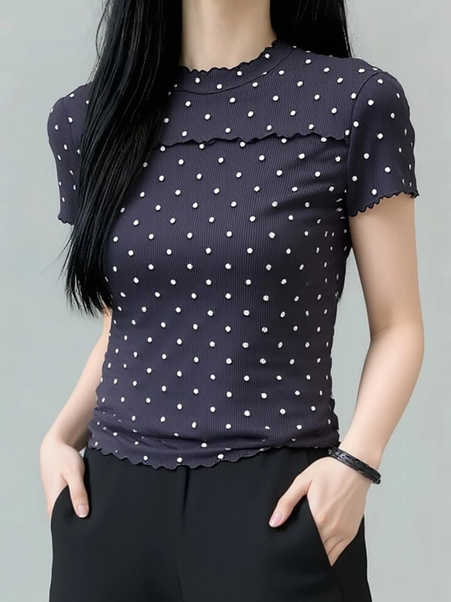 Elegant Color Block Polka Dot Slim Fit T-Shirt Simple Fashion Short Sleeve Spring Skin-friendly Comfortable Top Women's Fashion