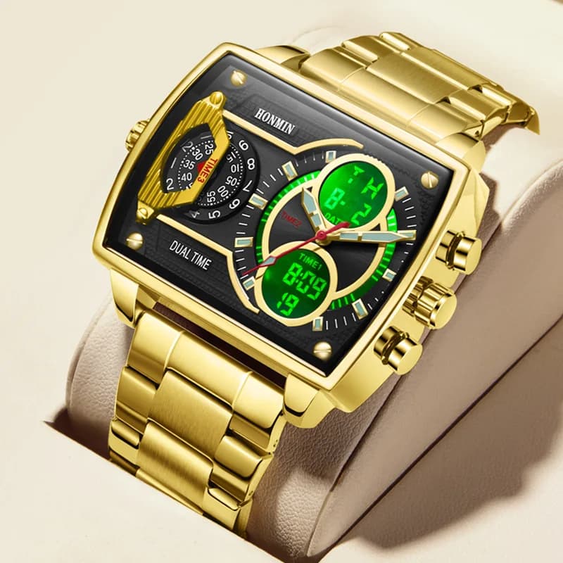 Orologio elettronico quadrato alla moda del marchio HONMIN*, popolare orologio sportivo da uomo con tre fusi orari, doppia illuminazione e impermeabile.