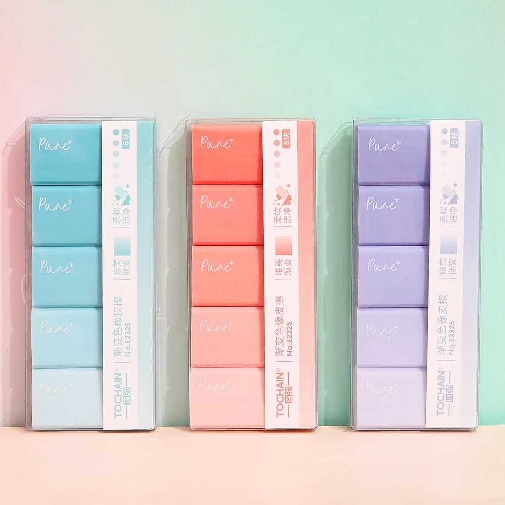 5pcs Pure Gradient Color Erasers Set Less-dust for Pencil Cleaning Stationery School Exam A7611