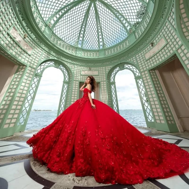 Abito Quinceanera rosso personalizzato con spalle scoperte Applique in paillettes di pizzo Tull 3D fiore trascinamento abiti da 15 Quinceanera