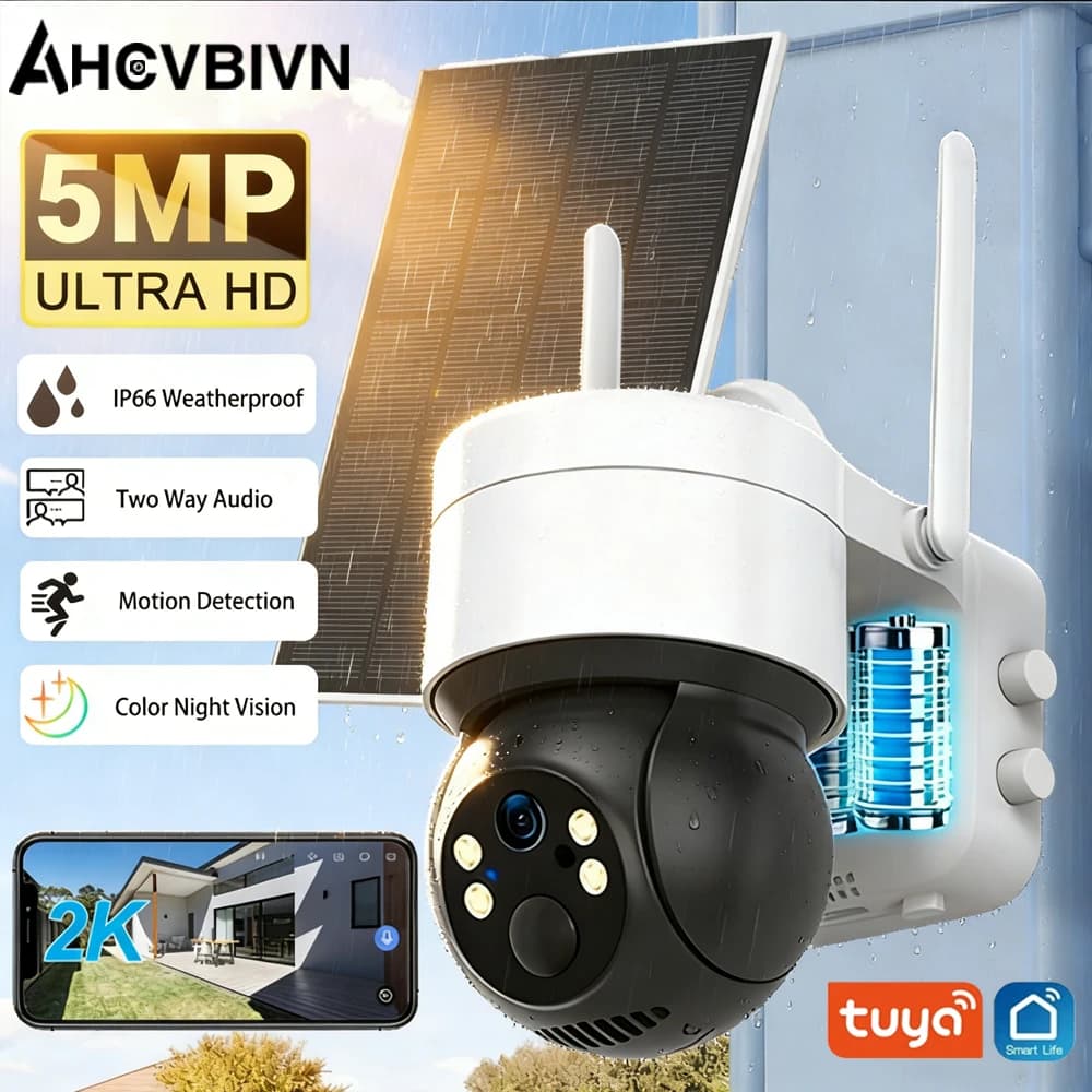 Telecamera Solare Esterna Tuya WiFi PTZ con Pannelli Solari Wireless, Telecamera IP 5MP con Batteria Integrata, Videosorveglianza con Lunga Autonomia