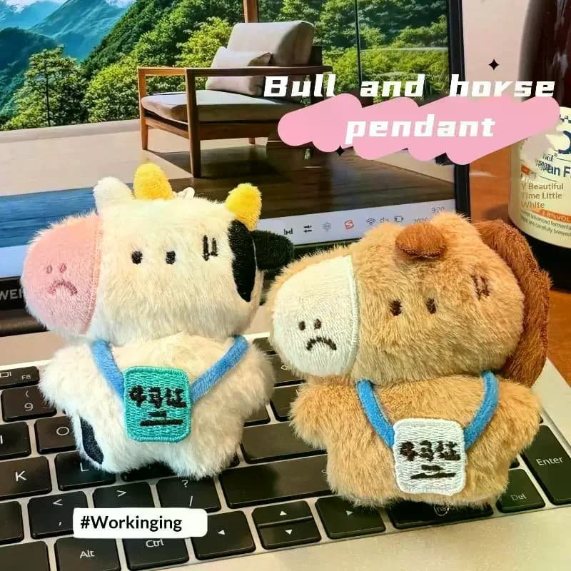 Creative Cartoon Bull And Horse Worker Plush Keychain Fun Animal Doll Stuffed Toy Decor Backpack Decoration Pendant Gift