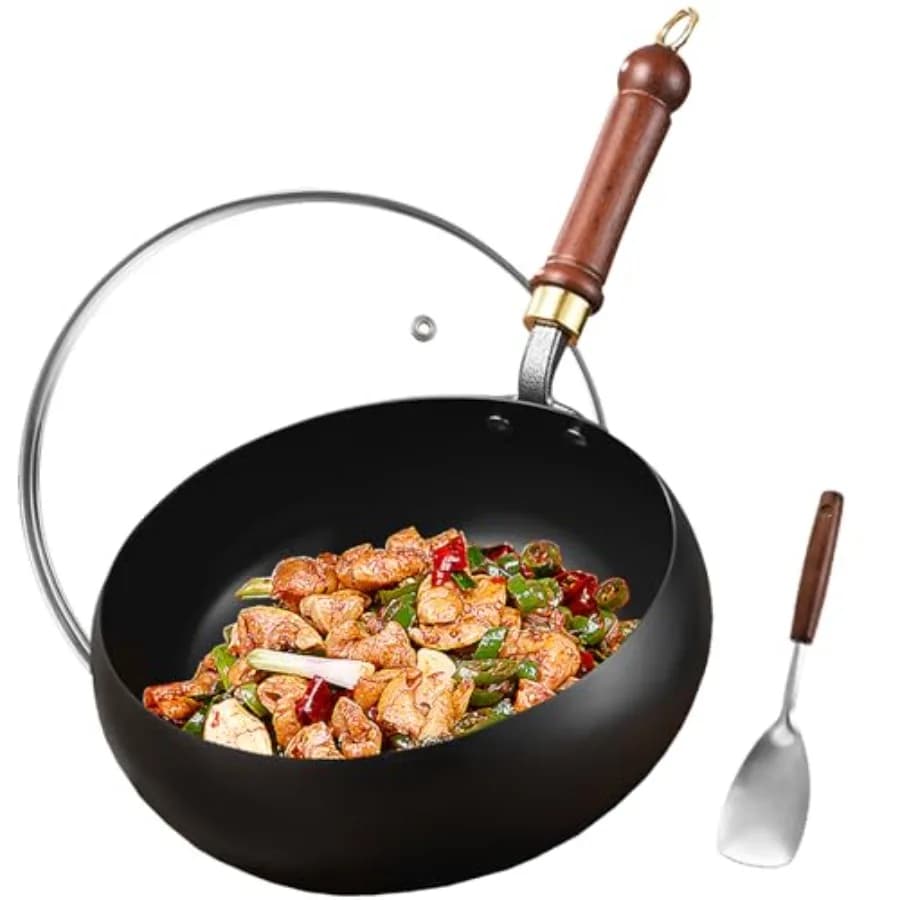 Wok in Acciaio al Carbonio, Padella da 11 Pollici con Coperchio in Vetro, Antiaderente, Fondo Piatto, Piccolo Wok Cinese Fatto a Mano