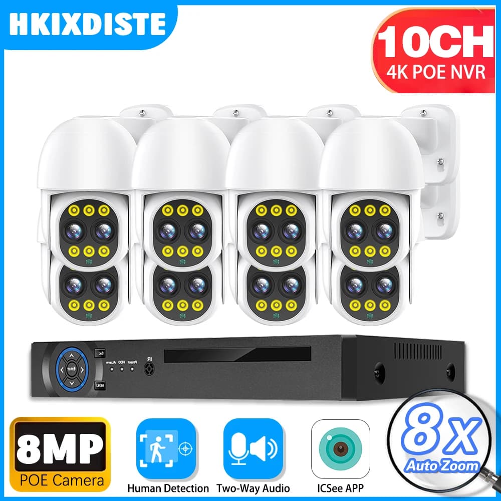 Sistema di telecamere a doppio obiettivo Zoom PTZ 8X, sicurezza PTZ 10CH 4K Visione notturna a colori audio bidirezionale da 8 MP | Kit di videosorveglianza POE NVR