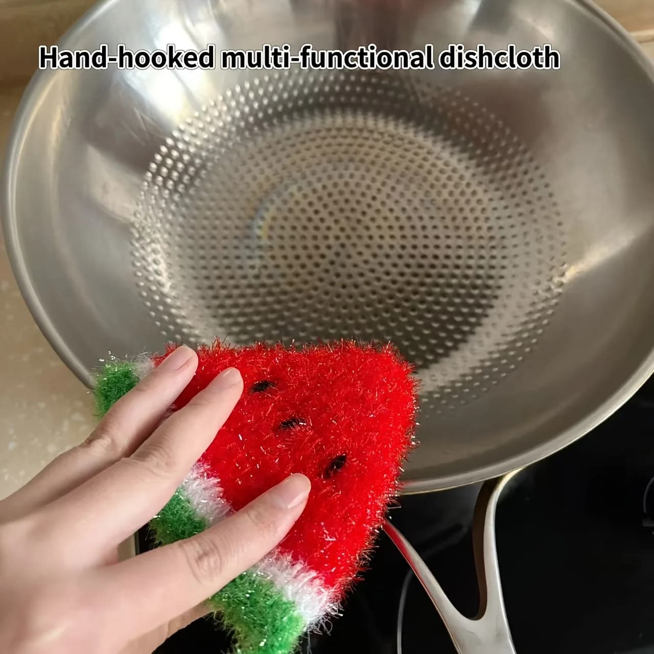 Hand-crocheted polyester yarn dishcloths shaped like mini watermelons, multi-functional kitchen cleaning cloths with hooks for decorative use, ideal as New Year gifts and presents for daily occasions and festivals