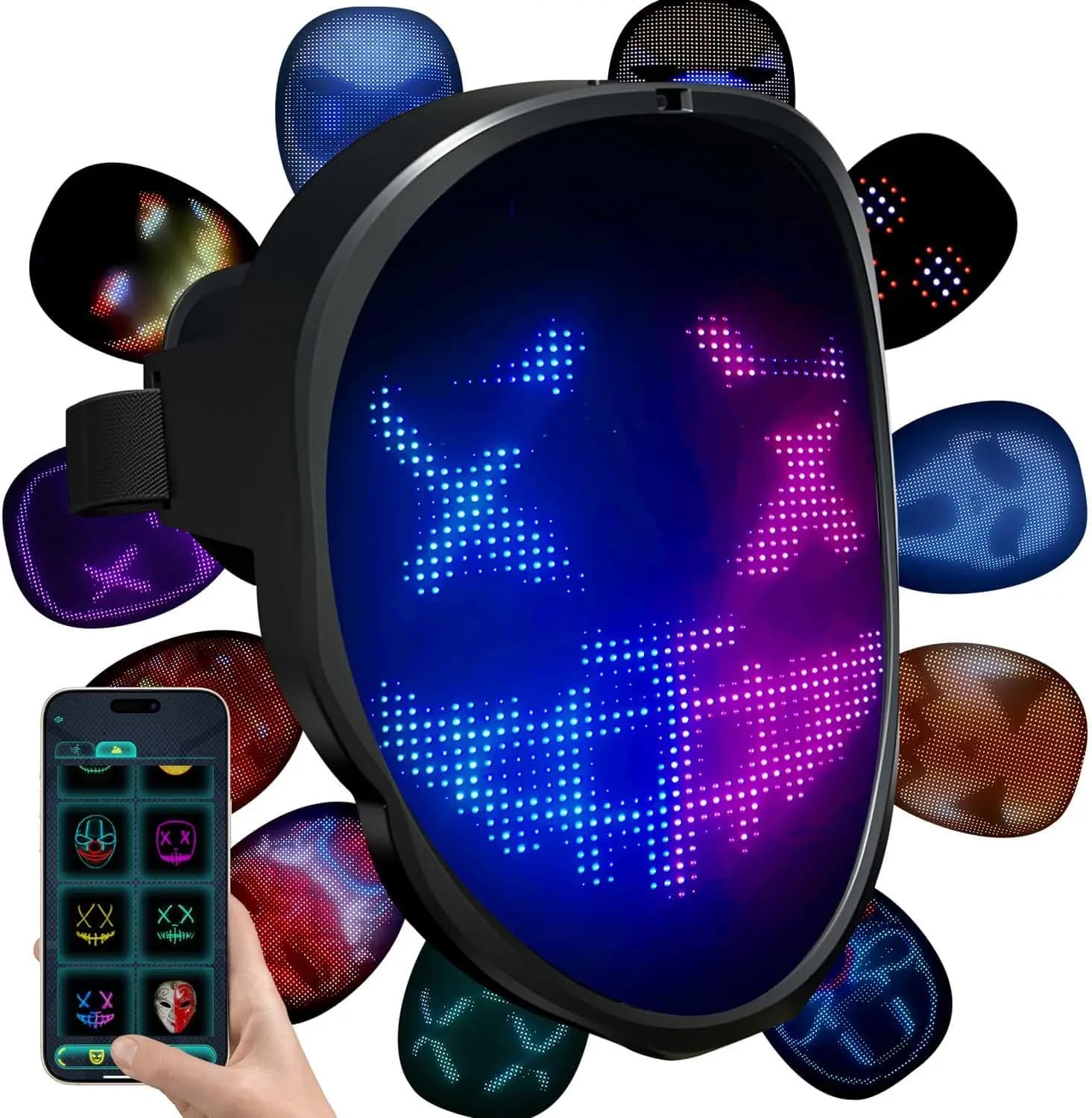 Maschera LED di Halloween con controllo tramite APP, maschera luminosa per Natale, compleanno, cosplay, feste, divertimento per bambini, uomini e donne