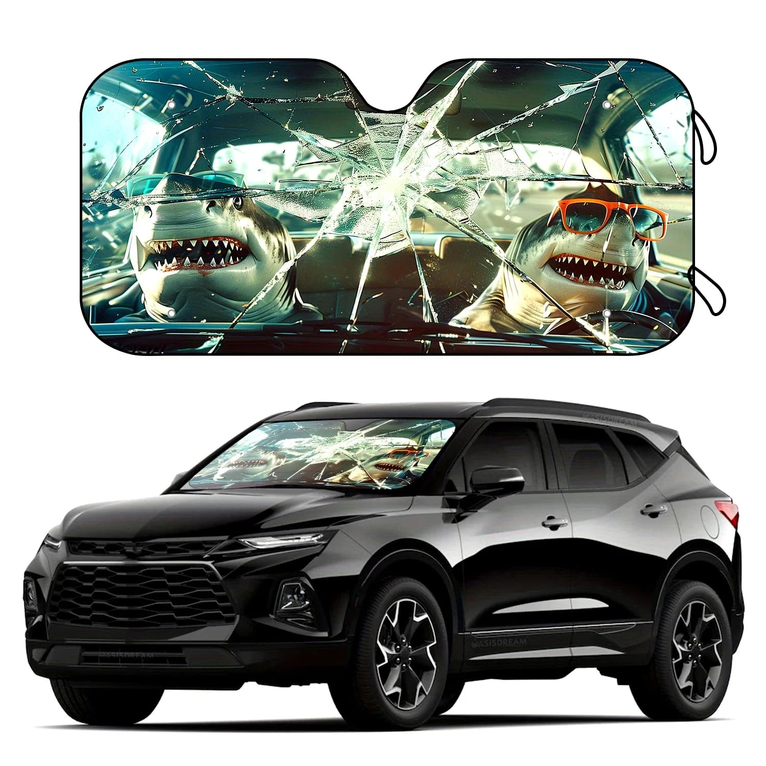 Adiffly Parasole per parabrezza per auto con design a forma di squalo e vetro rotto, 57" X 27,5", parasole con protezione UV con 4 ventose, non Wat
