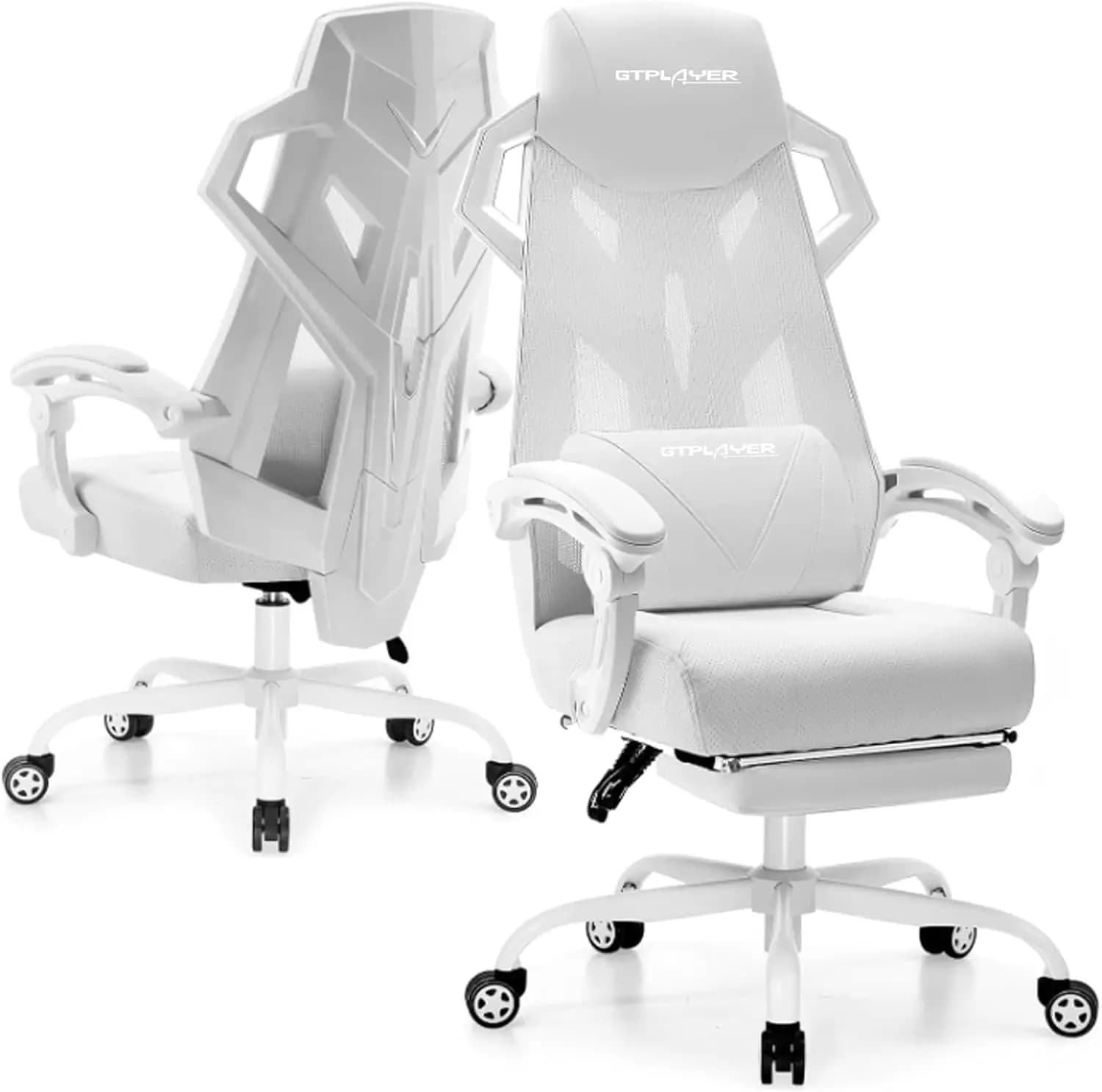 Sedia da Gaming Ergonomica con Schienale in Rete, Poggiatesta e Supporto Lombare Regolabili, Poggiapiedi per Ufficio e Gaming (Bianca)