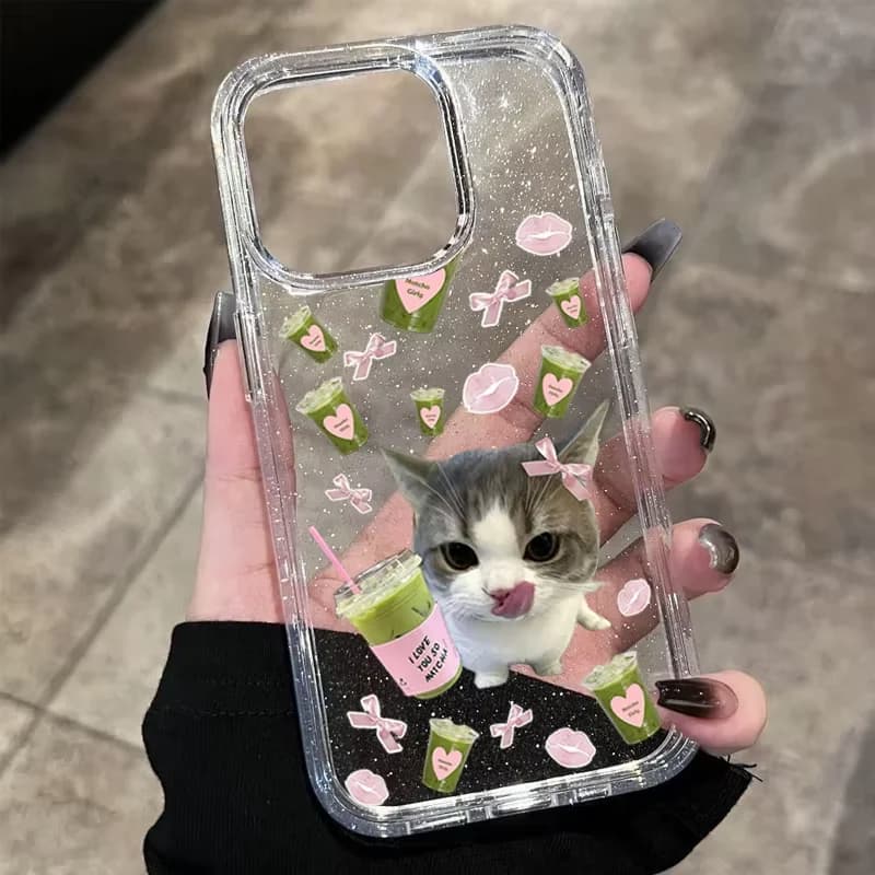 Cute Matcha Cat Pattern Kawaii Cartoon Phone Case For iPhone 17 16 15 14 13 12 11 Pro MAX XR XS 7 8 Plus Mini 17air Clear Cover