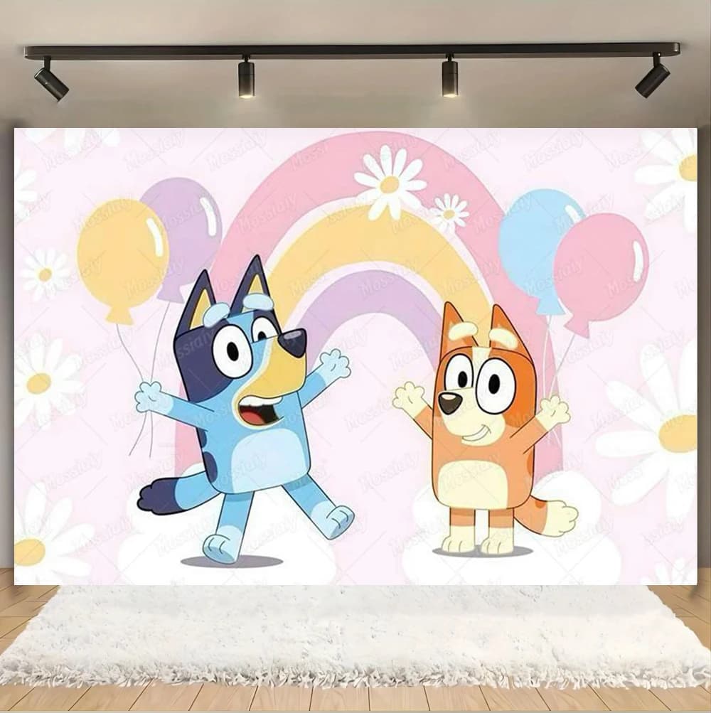 Sfondo per Festa di Compleanno a Tema Bluey, Decorazione con Cane dei Cartoni Animati, Banner Rosa per Bambine, Sfondo per Foto Baby Shower