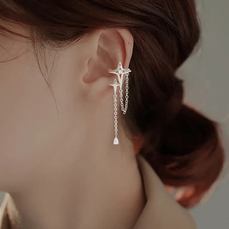 925 Sterling Silver Sparkling Diamond Cross Star Ear Clip Water Droplet Tassel Four Pointed Star Ear Bone Clip New Jewelry