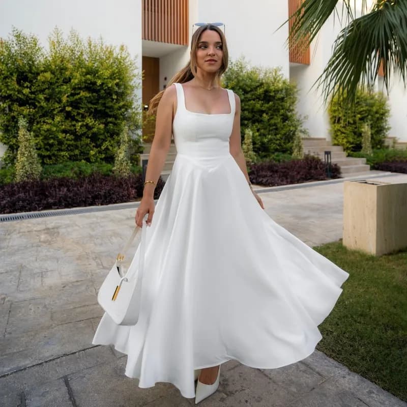 Abito estivo a trapezio da donna, senza maniche, a vita alta, lungo, per feste e vacanze, con scollo quadrato, casual, elegante, per il tempo libero