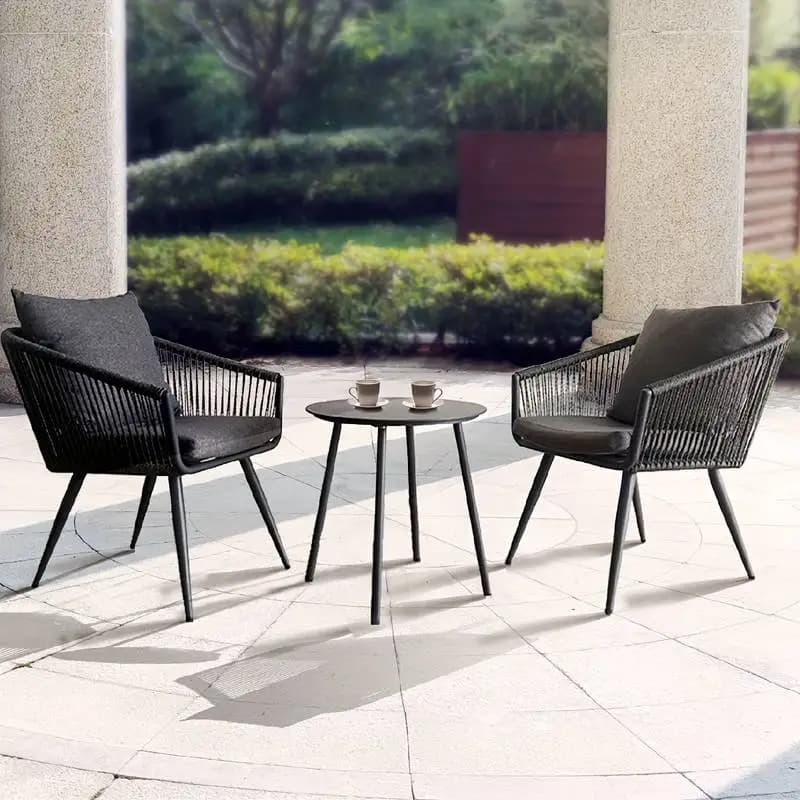 Garden set for interwoven rope bistros for 3 pieces aluminum exterior, aluminium structure, 2 chairs with cushions, grey