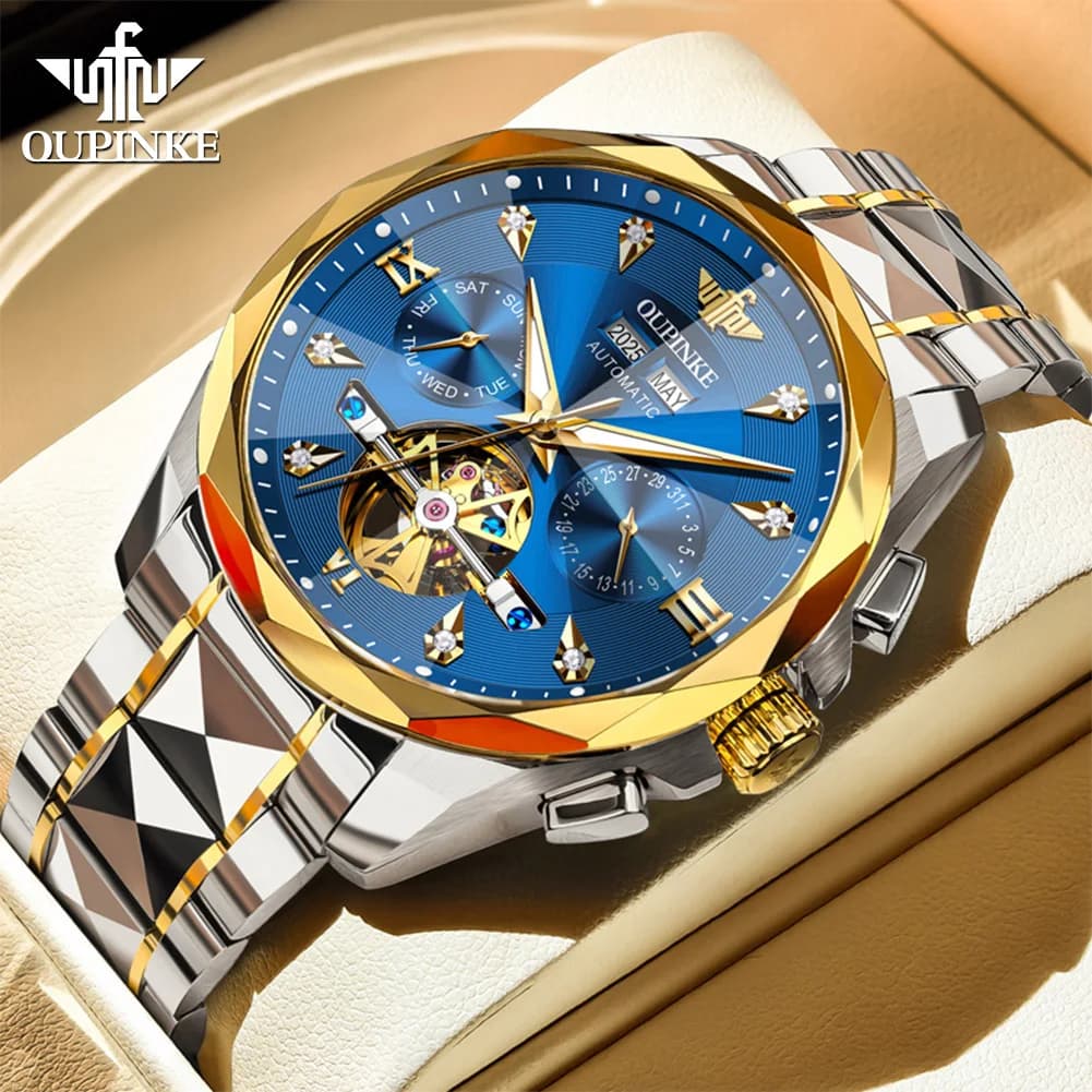 OUPINKE 3316 Orologio Automatico da Uomo con Data, Cassa Scheletrata, Meccanico, in Acciaio al Tungsteno, Impermeabile 50M, con Scala Diamantata