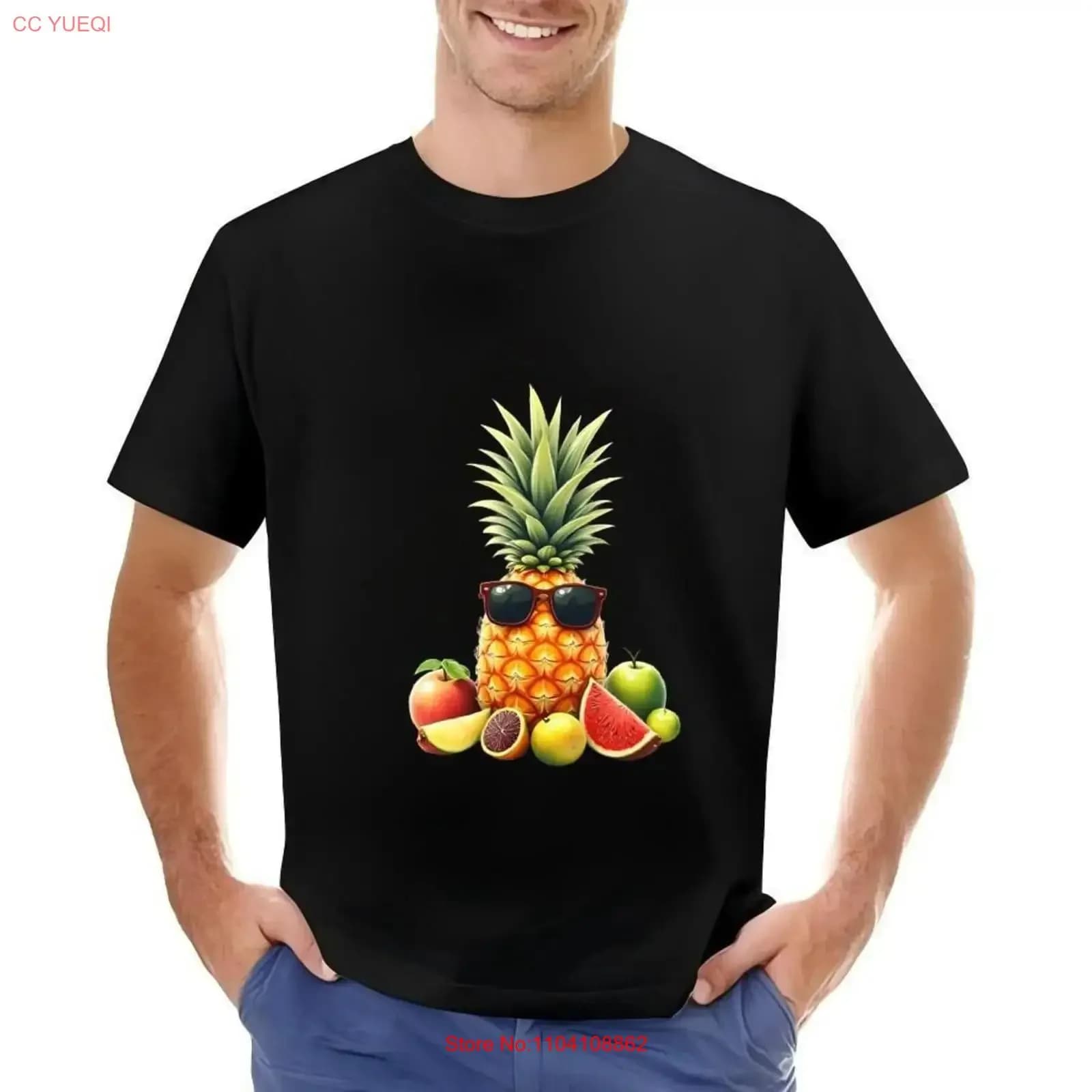 T-shirt da uomo in cotone con divertente stampa di ananas con occhiali da sole, effetto vintage, casual, per tutti i giorni, versatile, morbida ed elasticizzata.