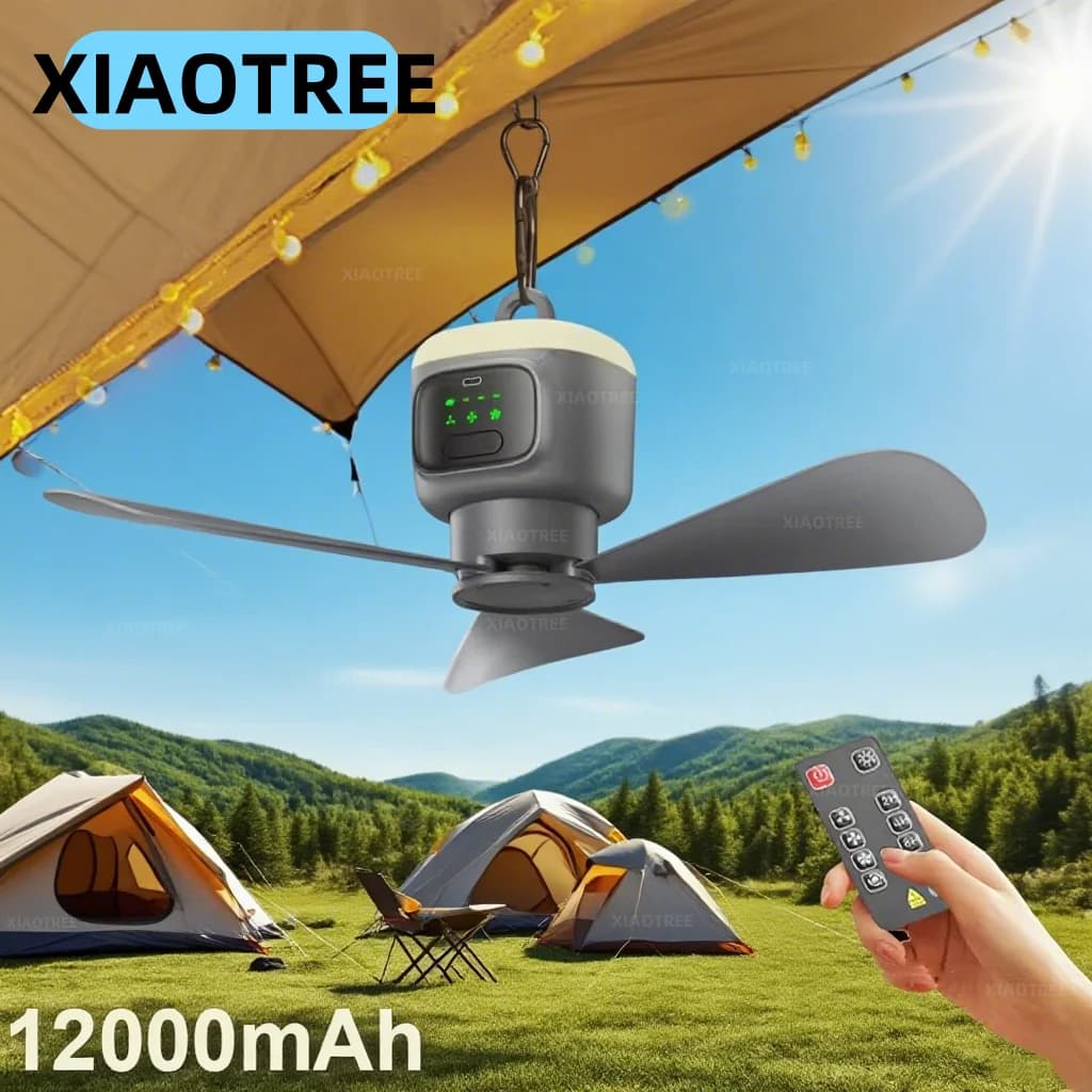 Ventilatore da soffitto Ventilatore da soffitto da campeggio portatile wireless da 12000 mAh Ventilatore da soffitto per tenda ricaricabile tramite USB con illuminazione e telecomando