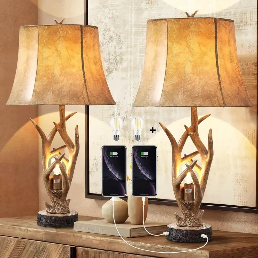 Lampade da Tavolo Rustiche Stile Western a Forma di Cervo con Luce Notturna, Set di 2, 26 Lampade da Comodino per Camera da Letto con 2 Porte USB, Lampada da Tavolo con Corna di Cervo per C