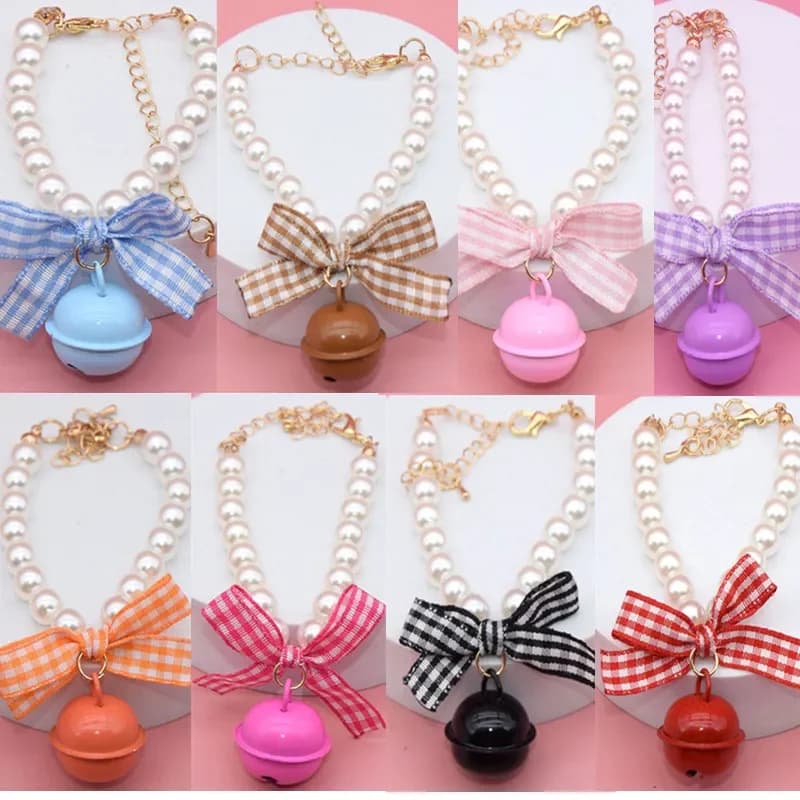 Collana di perle per gatti Collare di perle per animali intrecciato a mano con decorazione a campana e fiocco per evitare smarrimenti Adatto per cuccioli e gatti