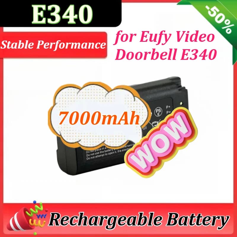 Nuova batteria ricaricabile da 25,9 Wh 3,7 V 7000 mAh con ricarica USB-C per campanello video Eufy E340 (cavo Type-C incluso)