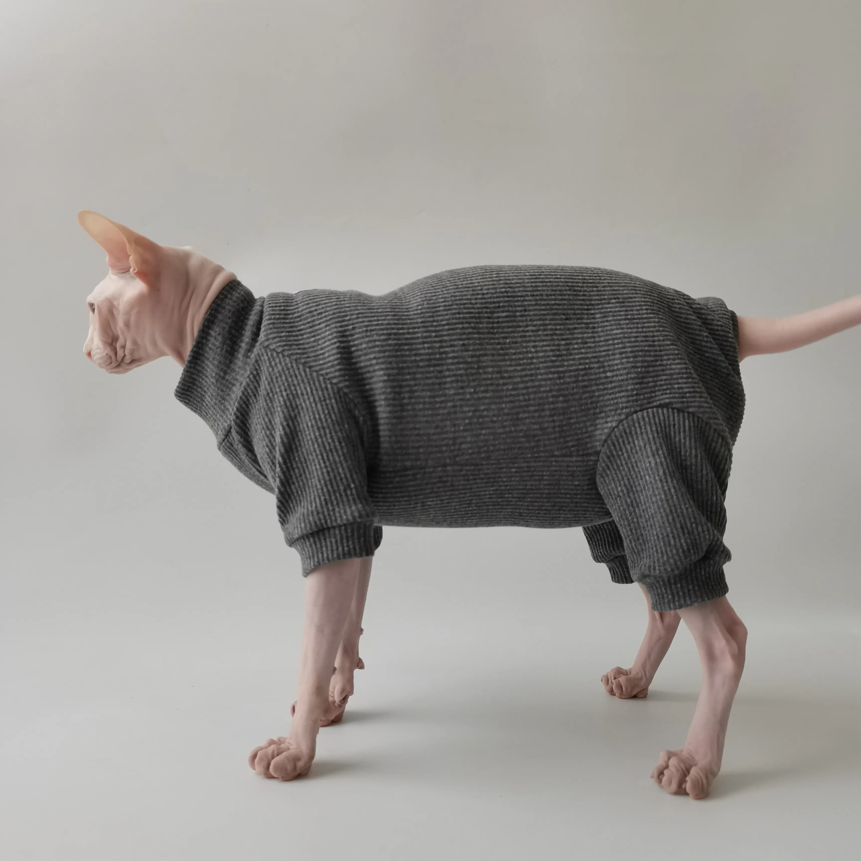 Morbido e Confortevole Cappotto in Cotone per Gatti Sphynx, Pigiama Grigio a Maniche Lunghe per Autunno e Inverno, Abbigliamento Elastico a 4 Zampe per Gattini