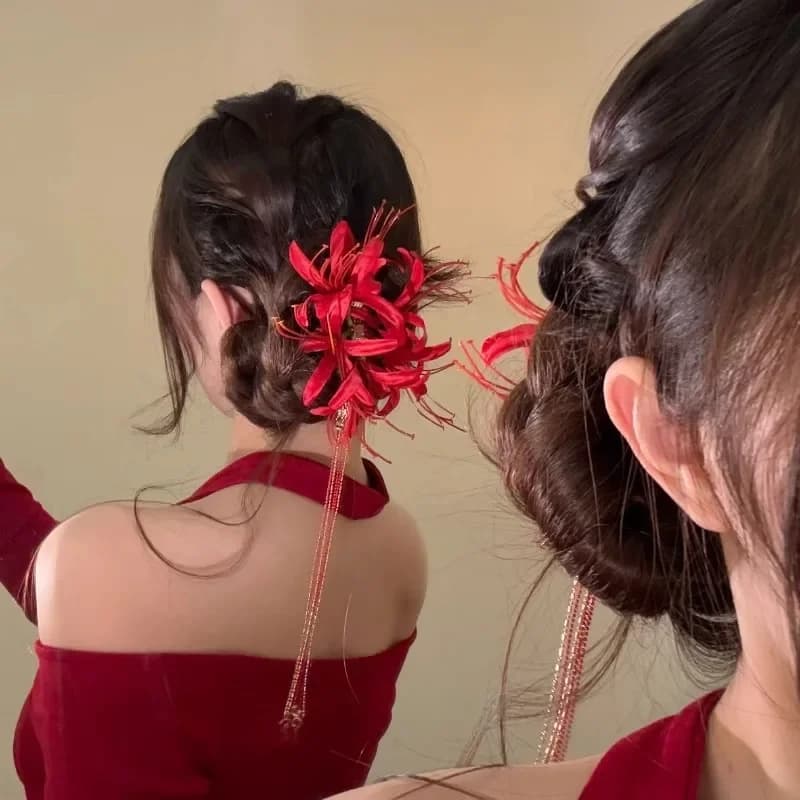 Fermaglio per capelli fiore rosso Shore Nuovo design nappa Stile antico cinese Elegante clip a becco d'anatra Accessorio per capelli con clip per frangia laterale da donna