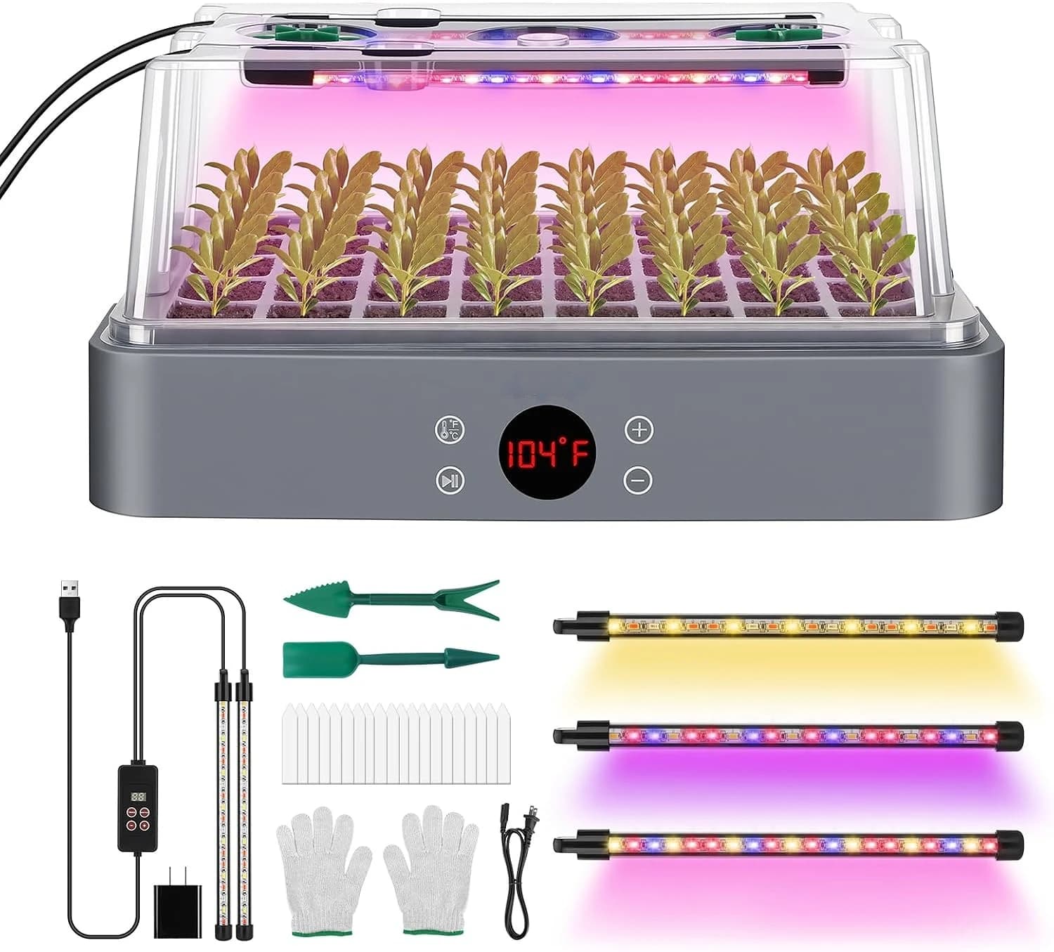 Seed Starter Tray with Grow Light & Humidity Dome, Heated Germination Kit with Temp Display for Indoor Plant Seedling