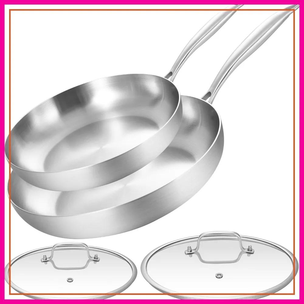 Set di Padelle in Acciaio Inox Tri-ply da 10-12 Pollici con Coperchi, Pentole per Induzione, Lavabili in Lavastoviglie e Adatte al Forno, Manico Staccabile