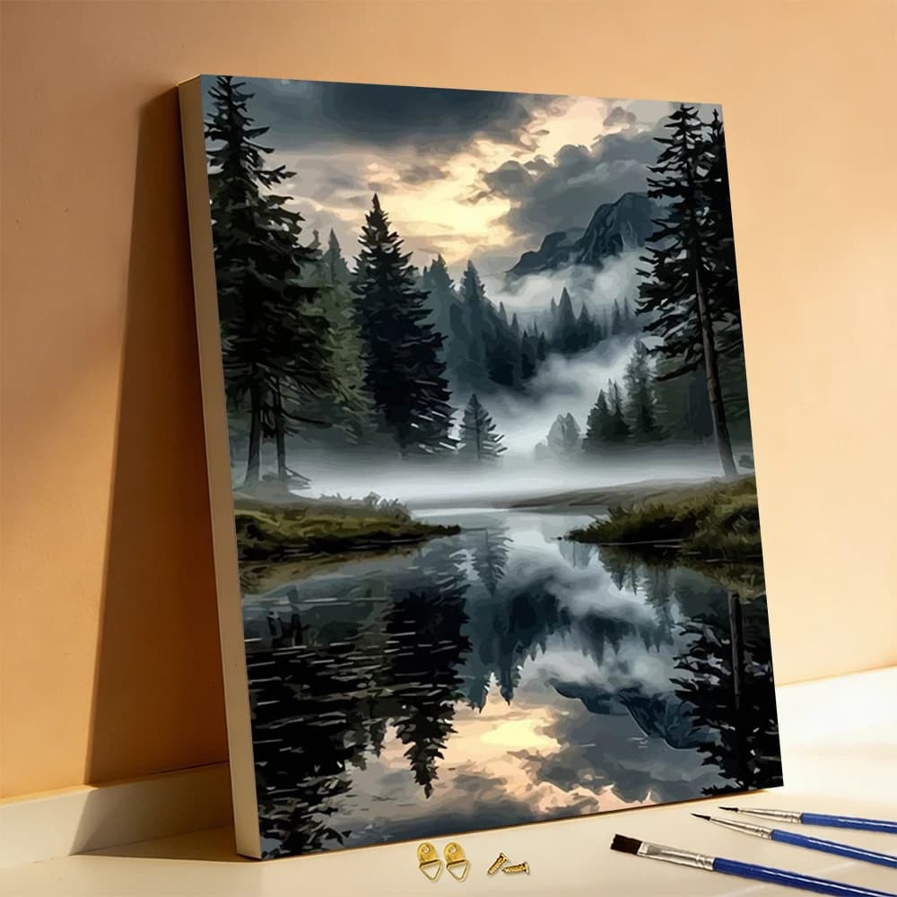 Huacan Oil Painting By Numbers Forest Tree DIY Digital Oil Painting Reflection Fog Scenery Landscape Wall Decor Living Room