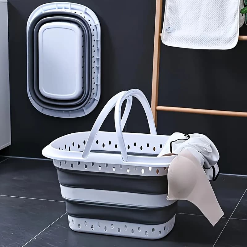 1 large 43 litre folding basket, made of durable PP material, with ventilation holes and ergonomic handles, designed to save