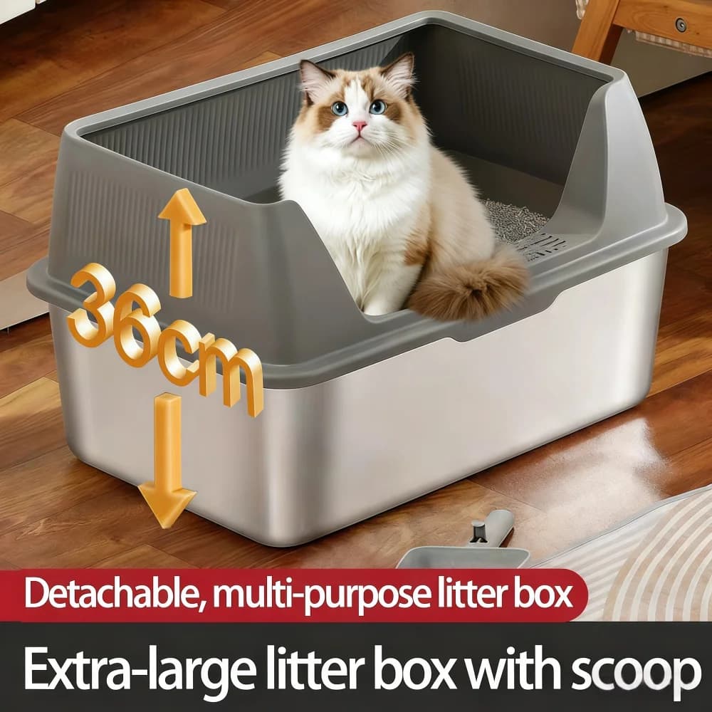 Lettiera per gatti extra large a doppio strato in acciaio inossidabile - Alta protezione antispruzzo con coperchio - Per gatti grassi/multi-gatto