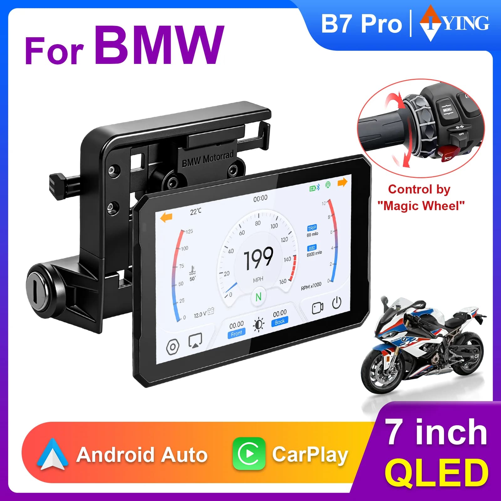 Display da 7 Pollici per BMW con CarPlay Wireless, Android Auto, GPS, Navigazione per Moto, Schermo Portatile, Cruscotto Digitale