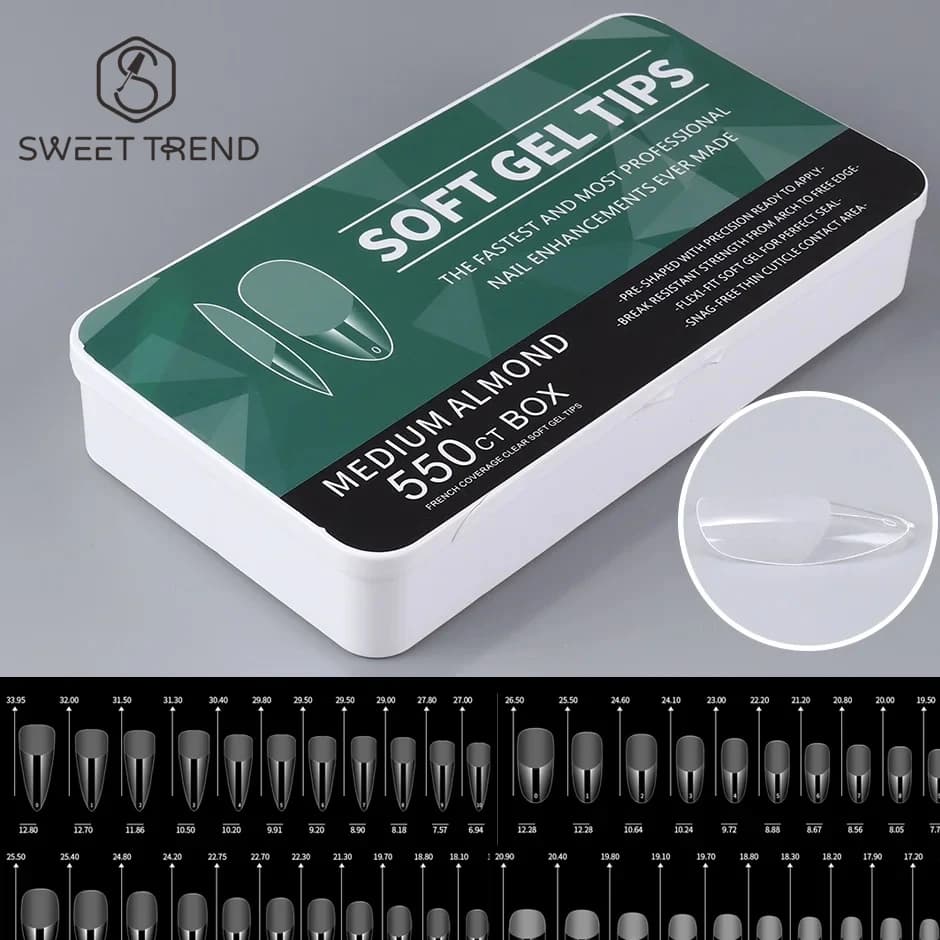 550 tips for soft gel nails, medium short, almond bar, complete cover, matt extension tool, acrylic print on nails, french manicure decoration