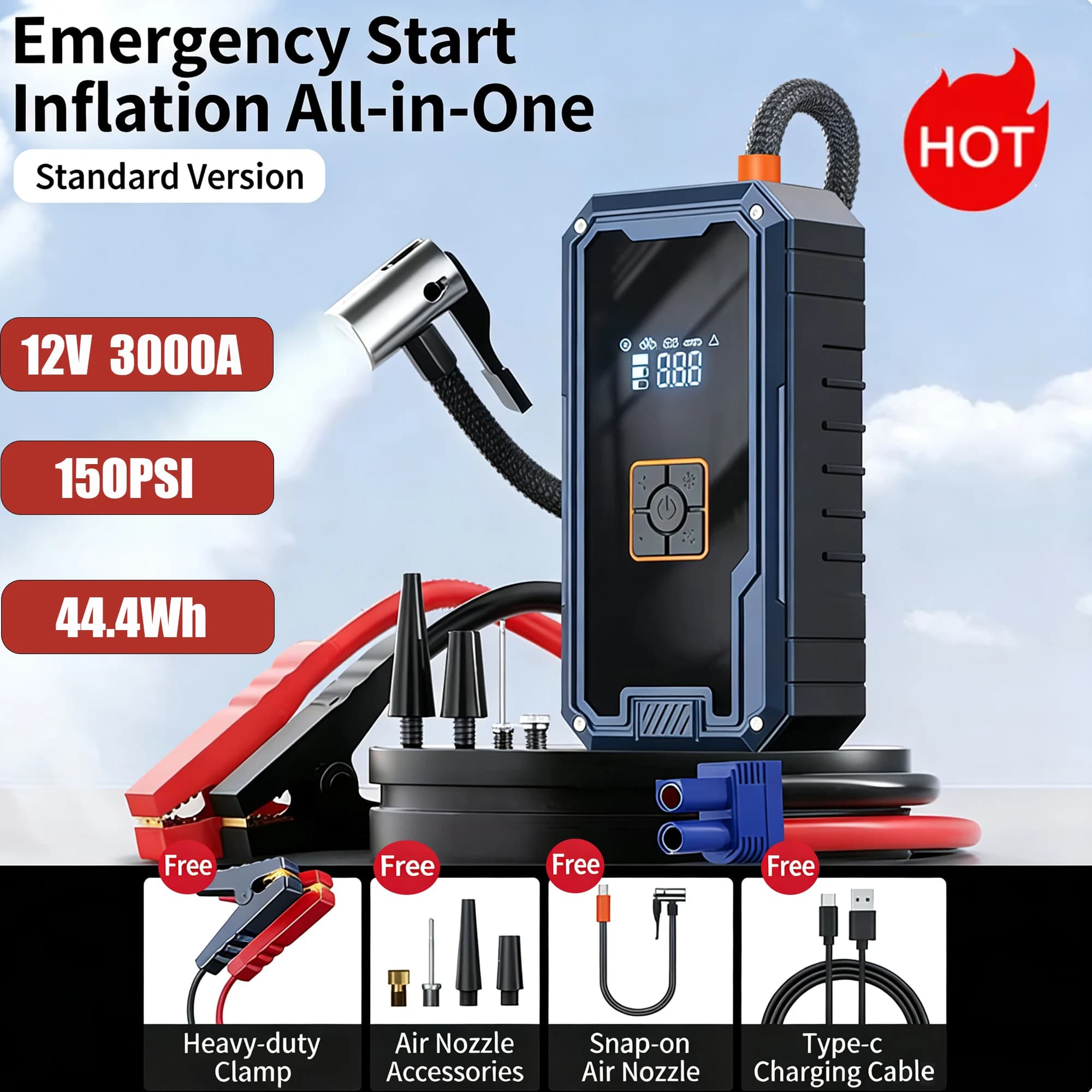 Avviatore di emergenza multifunzione 3000A 12V per auto, alimentatore di avviamento 12V, compressore d'aria per auto, dispositivo tutto in uno.