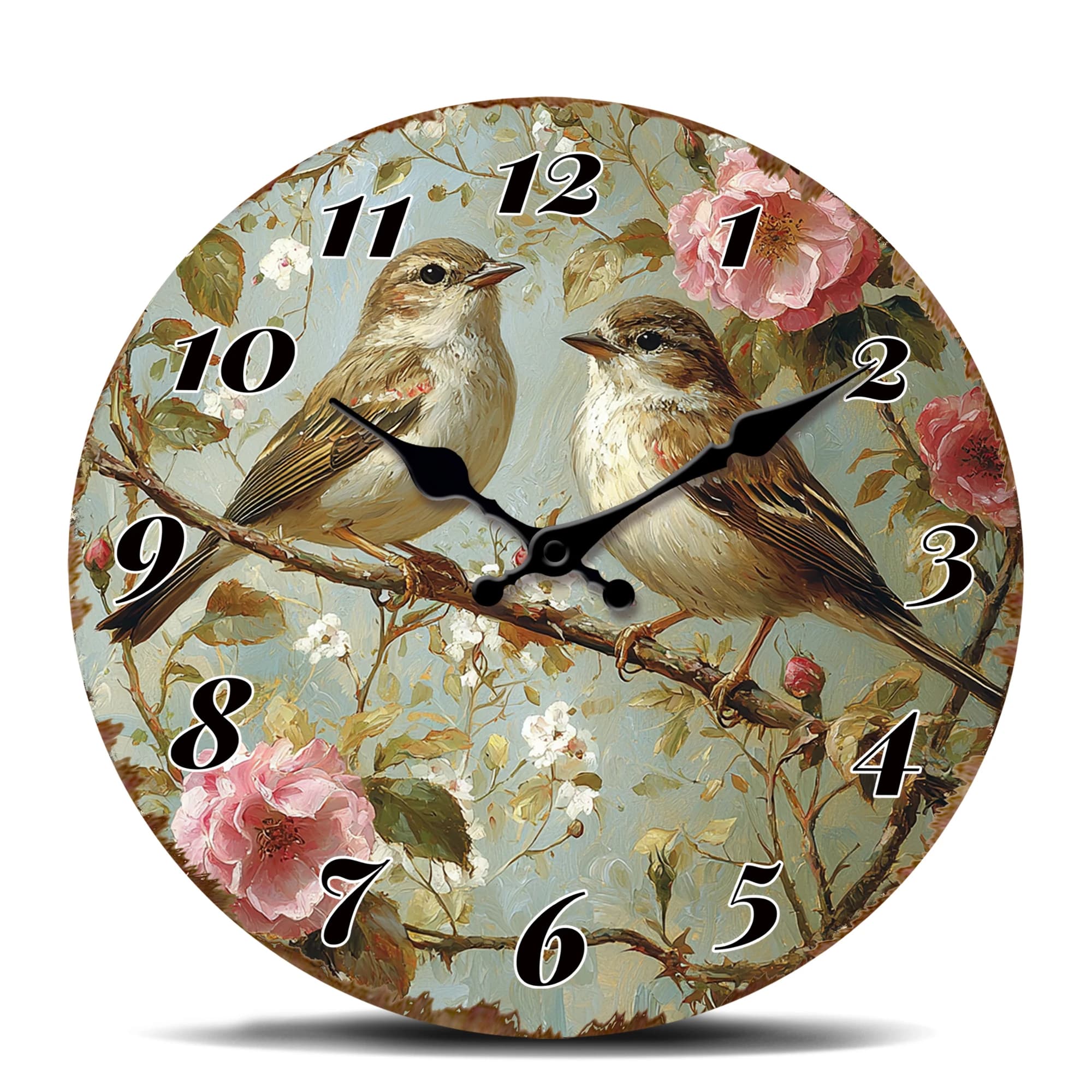 Orologio da Parete Rotondo Vintage con Uccelli su Ramo, Orologio Decorativo a Tema Floreale e Uccelli, Orologio in Stile Rustico per Soggiorno
