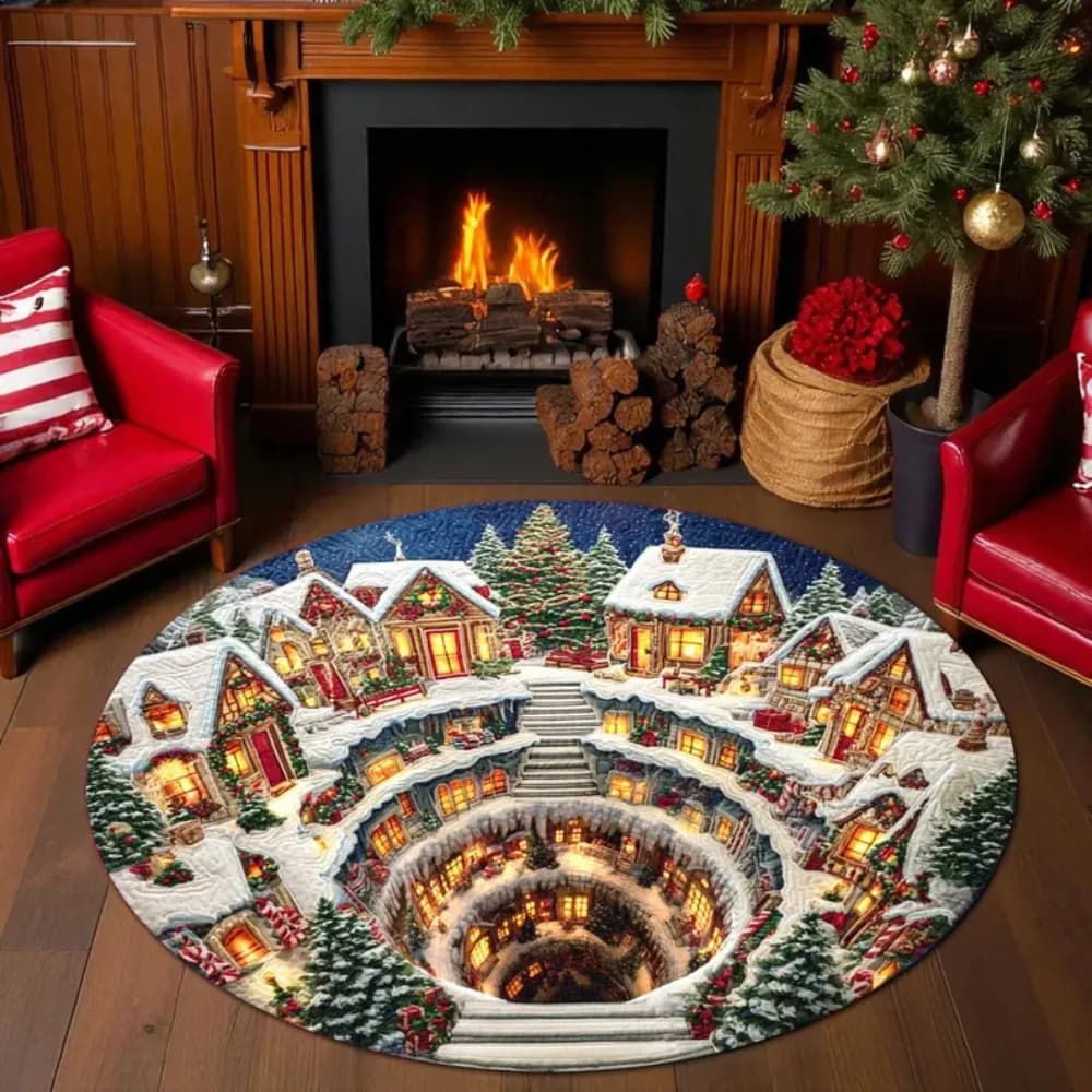 Natale 3D Illusion Tappeto rotondo Tappeto Babbo Natale Scena di neve Decorazione festiva per la casa Decorazioni per feste di Natale Tappetino per soggiorno
