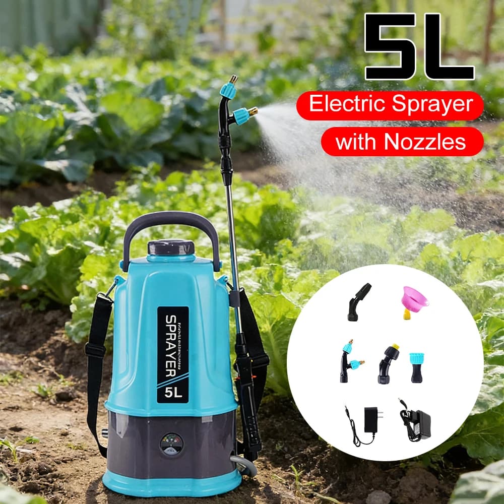 5L Electric Sprayer with 5 Mist Nozzles Battery Powered Sprayer with Adjustable Shoulder Strap Water Sprayer for Lawn and Garden