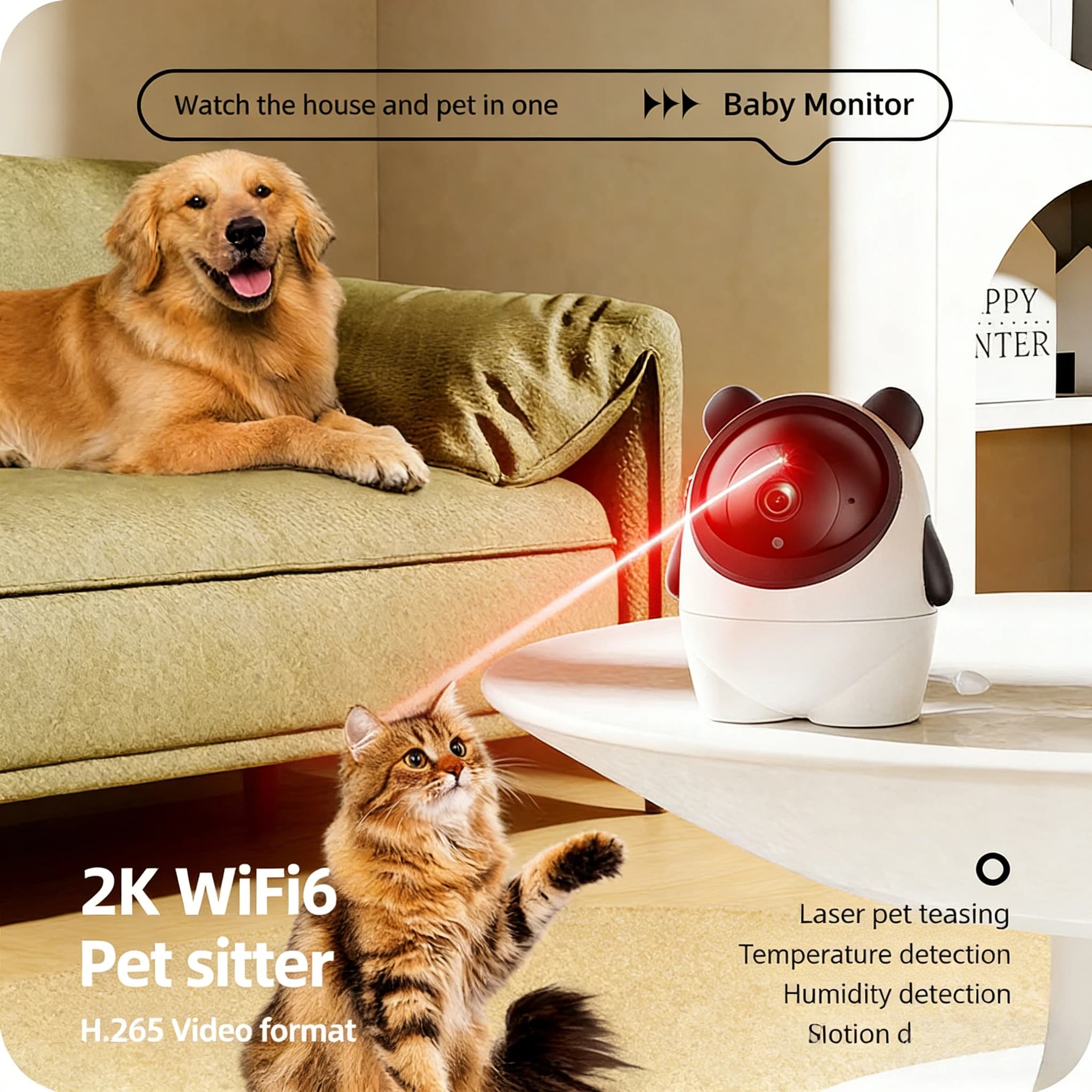 Monitor per Bambini Tuya con Telecamera 3MP 2K, Monitoraggio Intelligente degli Animali Domestici, Funzione Laser per Divertimento degli Animali, Telecamera da Interno con Visione Notturna a Infrarossi e Audio Bidirezionale