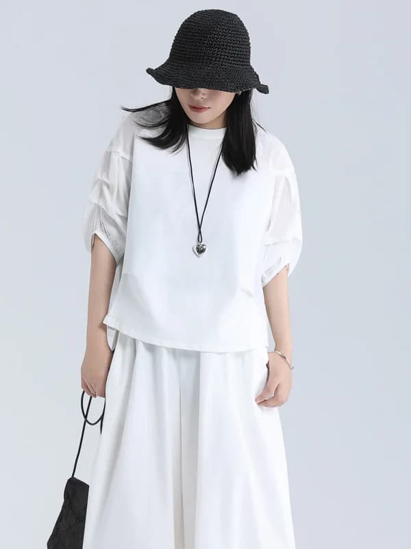 Dark Style Irregular Splicing Pleated Short Sleeve T-Shirt Women's Summer Thin White Top Cotton Loose Fit Shoulder Sleeve