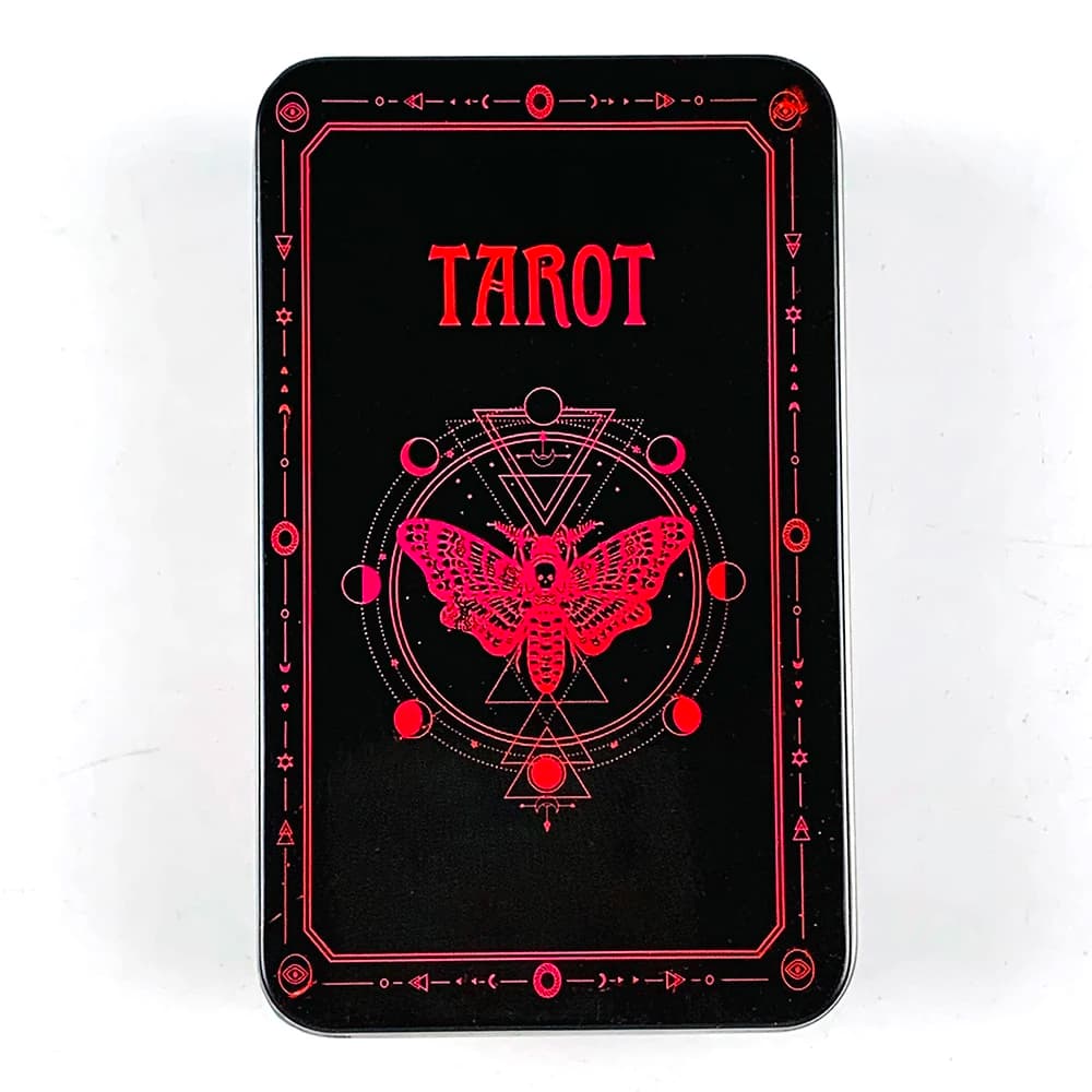 Carte dei tarocchi Scatola di metallo di latta di alta qualità Mazzo dei tarocchi Guida con bordo dorato con guida cartacea, giochi di carte di Halloween e Natale