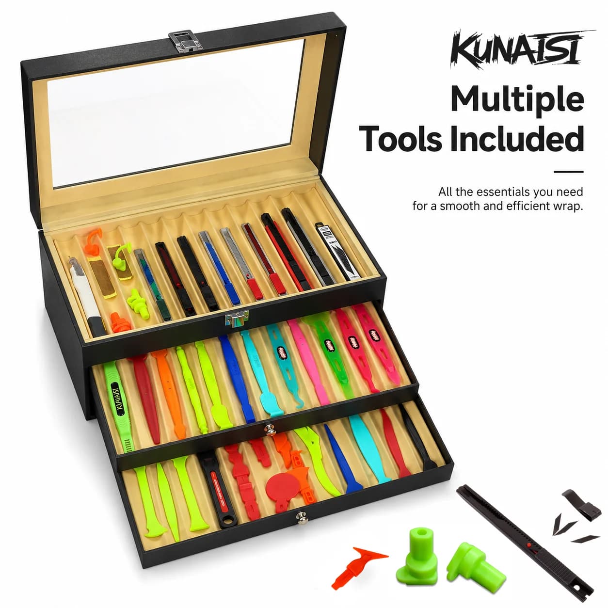 KUNAISI Car Wrapping Tool Storage Box 3-Layer Clear Lid Vinyl Wrap Film Tool Kit Organizer Case Cutter Squeegee Scraper Pry Tool