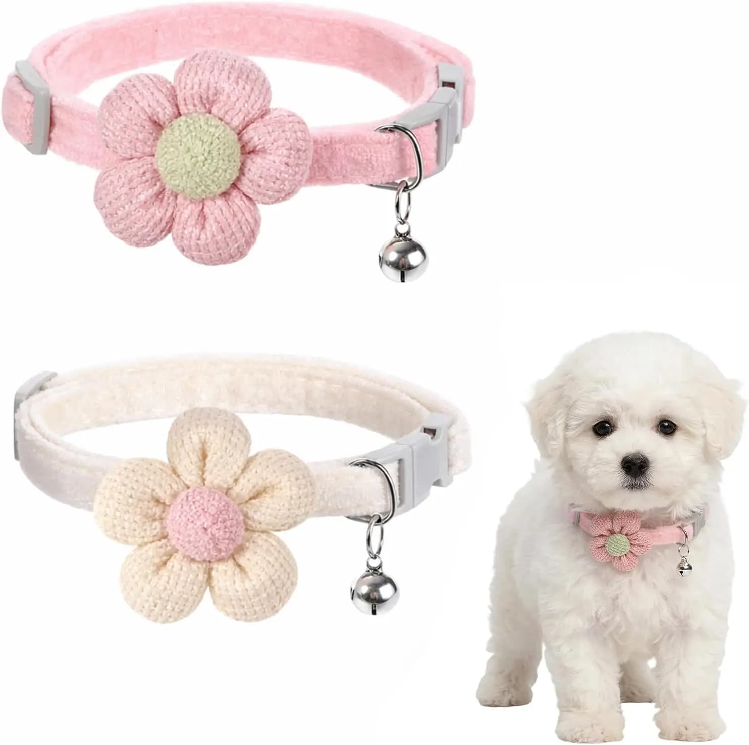 Confezione da 2 Collari per Cani con Campanello e Fiori, Collari Regolabili Morbidi e Sicuri per Cuccioli