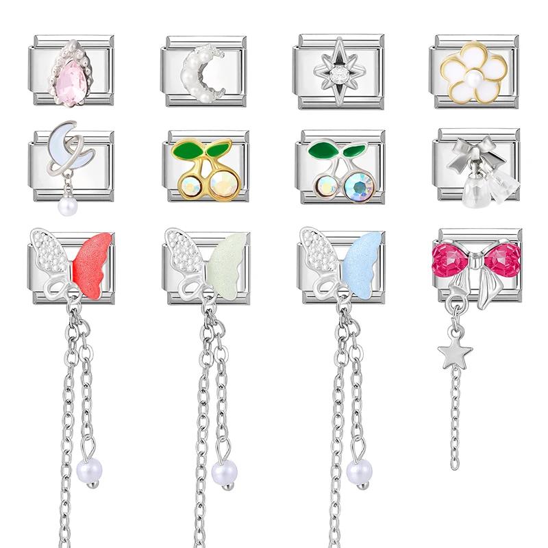 Charm Italians in Shape of Zircone, Moon, Cherry, Bow, Butterfly, Heart, Star, Compatible with 9mm Bracelets, Stainless Steel, for Creation Jewelry Make by You, Gifts
